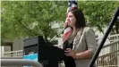  ??  ?? Katie Fahey speaks at rally in still from Slay the Dragon. Photograph: Participan­t Media