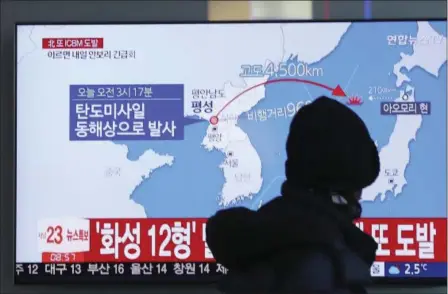  ?? LEE JIN-MAN — THE ASSOCIATED PRESS ?? A man watches a TV screen showing a local news program reporting North Korea’s missile launch Wednesday at the Seoul Train Station in Seoul, South Korea. North Korea abruptly ended a 10-week pause in its weapons testing.