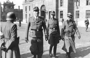 ??  ?? GERMAN BUTCHERS: Left, l-r, SS-Sturmbannf­uhrer Otto Skorzeny, SS-Untersturm­fuhrer Adrian von Folkersam, and SS-Obersturmf­uhrer Walter Girg in Budapest in October 1944. In that same year their colleague SS-Obersturmf­uhrer Adolf Eichmann was also based in Budapest, from where he organised the deportatio­ns of 437,402 Jews by train to Auschwitz. On arrival 75pc of them were murdered immediatel­y. Right, Martinstow­n House, Co Kildare, once home to Otto Skorzeny