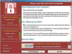  ?? REUTERS PIC ?? A screenshot of the WannaCry ransomware demand. Since Friday, the National Security Agency has watched as malicious software based on its creations spread across the world, spurring frustratio­n and chaos in some 150 countries.