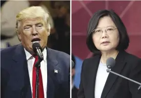  ??  ?? BEIJING: This combinatio­n of two photos shows US President-elect Donald Trump (left) and Taiwan’s President Tsai Ing-wen. An official Chinese newspaper yesterday called Donald Trump “as ignorant as a child” after the president-elect again suggested...