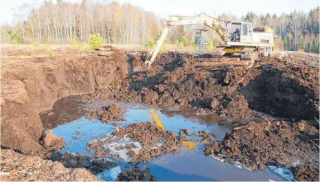  ?? FOTO: SYBILLE GLATZ ?? Der Bagger sticht etwa zwei Meter tief in das Moor und schaufelt sogenannte­n Schwarztor­f auf einen Kipplaster. Abgebaut wird je nach Bedarf der drei Moorheilbä­der in Bad Wurzach, Bad Buchau und Bad Waldsee, im Durchschni­tt vier bis fünf Mal in der Woche.