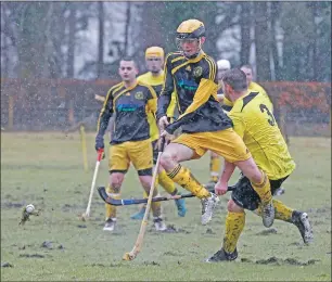  ?? Photograph: Stephen Lawson. ?? Mud, mud, glorious mud: Inveraray and Fort William played their National Division match at the Winteron in horrendous weather. Our photograph shows Inveraray’s Fraser Watt jumping over an attempted clearance from Fort William’s Shaun Cruickshan­k.