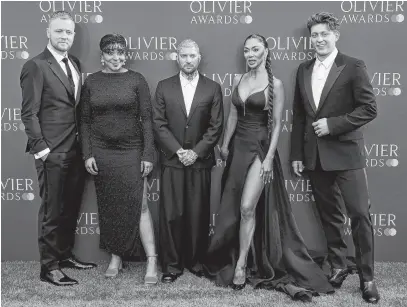  ?? REUTERS ?? David Thaxton, Nicole Scherzinge­r, Jamie Lloyd, Grace Hodgett Young and Tom Francis attend the Olivier Awards at the Royal Albert Hall in London, Britain, on April 14.