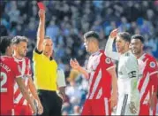  ?? REUTERS ?? Real Madrid captain Sergio Ramos (second from right) received the 25th red card of his club career on Sunday.