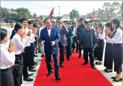 ?? FRESH NEWS ?? Interior Minister Sar Kheng arrives in Battambang for a meeting on Tuesday, where he declared that Kem Sokha could still be held responsibl­e for the actions of the Cambodia National Rescue Movement.