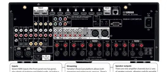  ?? Seven HDMI inputs (the front panel one has gone), plus plenty of analogue and digital audio, including a turntable input, and an internal FM/DAB+ tuner. Yamaha’s MusicCast platform allows both streaming and online music services. There’s Bluetooth, AirPla ?? Inputs Streaming Speaker outputs