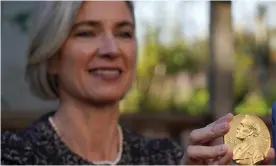  ?? Photograph: Jeff Chiu/Associated Press/EPA ?? Jennifer Doudna with her Nobel gold medal, December 2020.