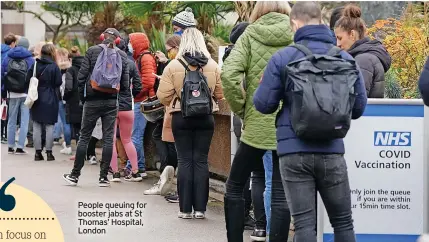  ?? ?? People queuing for booster jabs at St Thomas’ Hospital, London