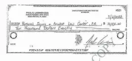  ?? Palm Beach County Circuit Court ?? A lawsuit by Paul Labiner claims his son, Brandon Labiner, forged Paul’s name on this check.