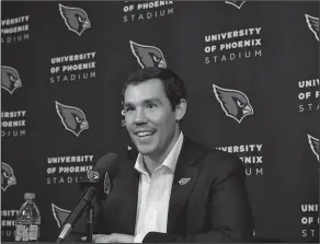  ?? Associated Press ?? Feeling good: Arizona Cardinals new quarterbac­k Sam Bradford speaks at an NFL football news conference Friday at the teams' facility in Tempe, Ariz.