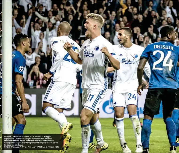  ??  ?? Andreas Cornelius har scoret til 4-0 mod Club Brugge i septembers Champions League-kamp i Parken. Danske mesterhold får fra naeste sommer svaerere ved at komme i Champions League, hvor flere pladser bliver givet til klubber fra Europas største...