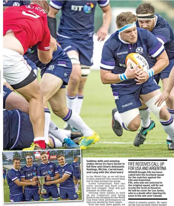  ??  ?? Sublime skills and winning smiles: three-try hero Turner in full flow and (inset) debutants Hastings, Ritchie, Carmichael, and Lang with the silverware