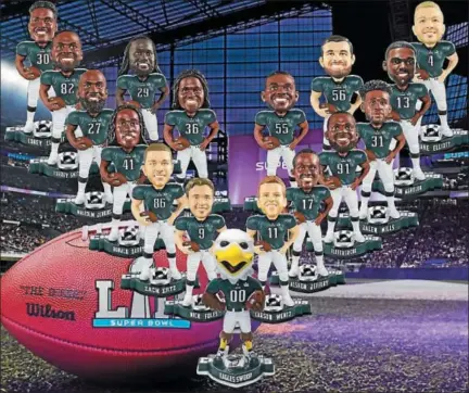  ?? PHOTOS COURTESY NATIONAL BOBBLEHEAD HALL OF FAME ?? Production on Philadelph­ia Eagles Super Bowl LII Champions bobblehead­s has begun. Commemorat­ive bobblehead­s are an annual tradition. The co-founder of the National Bobblehead Hall of Fame and Museum says he expects the Eagles series to be among the...