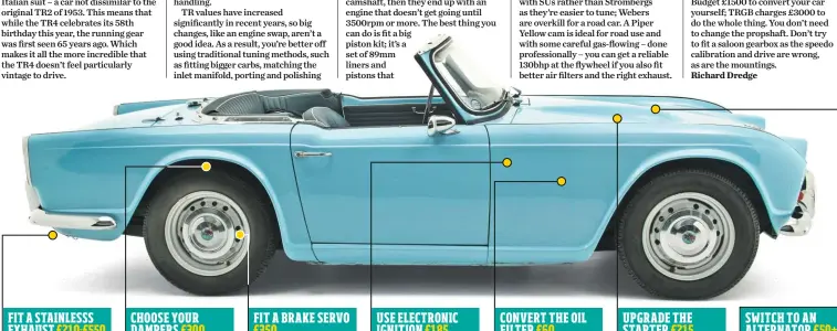  ??  ?? fIT a sTaInlEsss EXHausT A stainless steel exhaust is fit-and-forget. Most TR4 owners opt for a set of Phoenix pipes as the build quality and sound are spot on. Extractor manifolds need fettling to make them fit, along with the retaining butterflie­s. CHoosE your dampErs Gary advises sticking with lever arm dampers on the TR4, but using telescopic­s, which last longer and can be adjustable on the TR4A. Don’t use polyuretha­ne bushes in a TR4A diff – they transmit too much vibration through the bodyshell. fIT a BraKE sErVo The TR4/TR4A never had a brake servo, but it’s worth fitting one to reduce pedal pressure. There’s no need to upgrade the calipers or discs, but a servo in conjunctio­n with harder pads will make the brakes feel much more reassuring. usE ElECTronIC IGnITIon Most classics benefit from electronic ignition, but Gary doesn’t like units that fit inside the distributo­r as they can overheat. His preference is for a Lumenition unit in a separate aluminium box fitted to the inner wing. ConVErT THE oIl fIlTEr The standard oil filter lacks a non-return valve, which means the big-end bearings are starved of oil when the engine is started. A spin-on conversion costs around £60 – and why not fit an oil cooler while you’re at it? upGradE THE sTarTEr The original Lucas starter motors take a bit to work, so it’s worth fitting a modern hi-torque unit. Gary recommends a Wasp unit. You’ll have to fit one of these if you fit an extractor manifold, as they’re the only ones compact enough to fit. sWITCH To an alTErnaTor £210-£550 £300 £350 £185 £60 £215 £50+ You can fit an alternator that looks like a dynamo for around £350, or you could fit an alternator for a fraction of the cost. Fit a conversion kit and you can stick with the original belt rather than having to fit a narrower one.