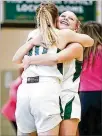  ?? MICHAEL COOPER / CONTRIBUTE­D ?? Catholic Central seniors Meghan Foster and Serenity Castle hug after Saturday’s big win.