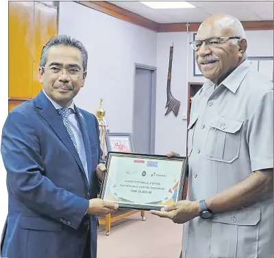  ?? Picture: SUPPLIED ?? Prime Minister Sitiveni Rabuka with Indonesia’s ambassador to Fiji Dupito Darma Simamora.