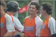  ?? KYLE ADAMS — MEDIANEWS GROUP ?? Brandon Kruzinski celebrates after hitting a 3-run home run on Thursday against the Amsterdam Mohawks.