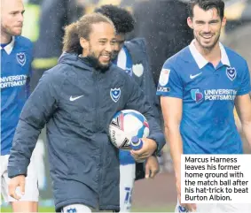  ??  ?? Marcus Harness leaves his former home ground with the match ball after his hat-trick to beat Burton Albion.