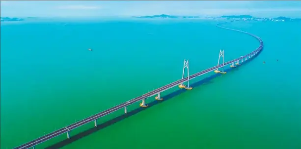  ?? LI JIANSHU / FOR CHINA DAILY ?? Aerial view of the Zhuhai section of the Hong Kong-Zhuhai-Macao Bridge in Zhuhai, Guangdong province, in September. The bridge is a dual three-lane expressway connecting the three cities.