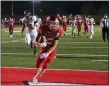  ?? BRIAN FISHER — FOR THE NEWS-HERALD ?? Perry’s Jaden Hacking celebrates a touchdown Aug. 20 against Riverside.