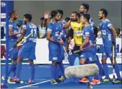  ?? PTI ?? Indian players celebrate their win over Netherland­s in the FIH Pro League (Men) 2020 hockey match at Kalinga Stadium in Bhubaneswa­r on Sunday