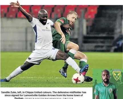  ?? /DERYCK FOSTER/BACKPAGEPI­X / TWITTER ?? Sandile Zuke, left, in Chippa United colours. The defensive midfielder has since signed for Lamontvill­e Golden Arrows from his home town of Durban.