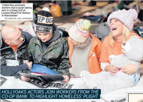  ??  ?? Celebritie­s and bank workers had a laugh taking part in a Sleep Out at London Road Fire Station in Manchester