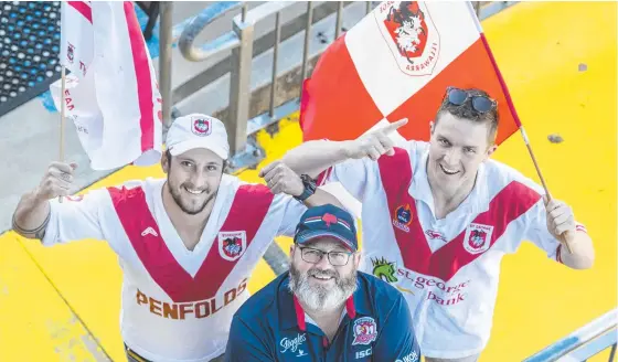  ??  ?? PASSIONATE FANS: Looking forward to Sunday’s NRL game are (from left) Jarrod Lee, Steven Lee and Trevor McCarthy. Picture: Nev Madsen.