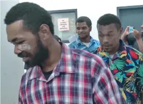  ?? Photo: Waisea Nasokia ?? From left: Kolinio Vatunitu, Masi Cava and Maikeli Nawaqa at the Nadi Magistrate­s Court.