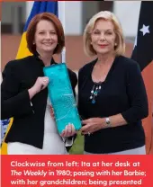  ??  ?? Clockwise from left: Ita at her desk atThe Weekly in 1980; posing with her Barbie; with her grandchild­ren; being presented with her 2013 Australian of the Year award by former PM Julia Gillard.