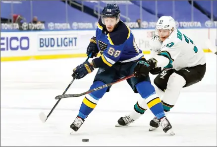  ?? (AP) ?? St Louis Blues’ Mike Hoffman (68) and San Jose Sharks’ Fredrik Handemark (37) chase after a loose puck during the second period of an NHL hockey game, Jan 18, in St Louis.