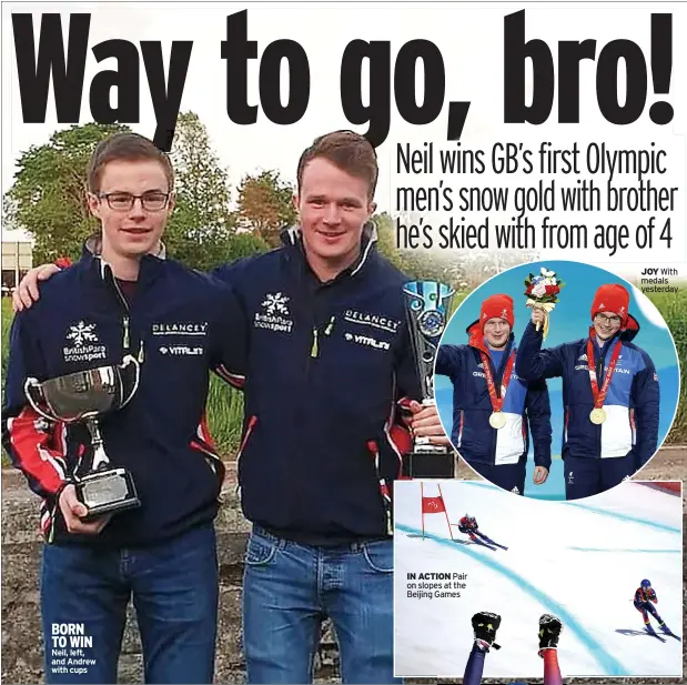  ?? ?? IN ACTION Pair on slopes at the Beijing Games
JOY With medals yesterday