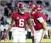  ?? GARY COSBY JR. — THE TUSCALOOSA NEWS VIA AP, FILE ?? Alabama wide receiver DeVonta Smith (6) and quarterbac­k Mac Jones (10) celebrate a touchdown pass against Mississipp­i State in Tuscaloosa, Ala., on Oct. 31.
