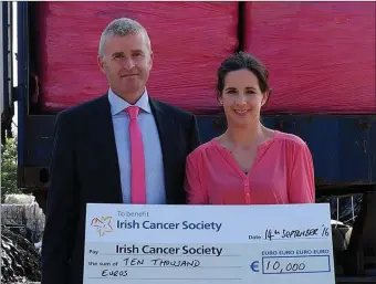  ??  ?? IFFPG, the national farm plastics recycling scheme, with the support of its contractor­s recently donated € 10,000 to the Irish Cancer Society for breast cancer research and support. The scheme made a charitable contributi­on for pink wrap recycled this...