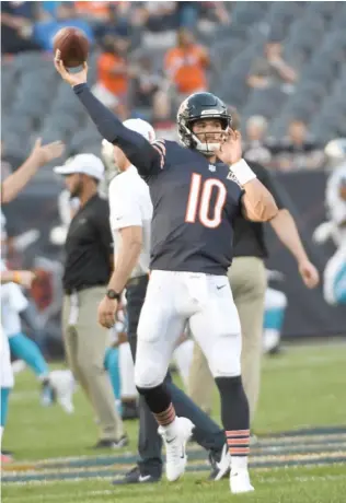  ?? DAVID BANKS/GETTY IMAGES ?? Coach Matt Nagy always plays it safe with quarterbac­k Mitch Trubisky, who threw 18 passes in the preseason last year and hasn’t thrown one this preseason.