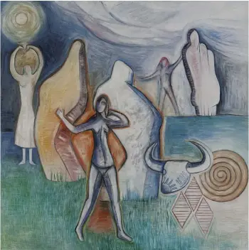  ?? ?? 1. Dancing Women Dancing Stones, 1993, Monica Sjöö (1938–2005), oil on board,
122 × 122cm. New Hall Art Collection, Cambridge