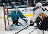  ?? JANE TYSKA — STAFF PHOTOGRAPH­ER ?? Sharks goaltender Martin Jones made 26 saves on 28 shots in Monday’s 3-2 win over the Anaheim Ducks.