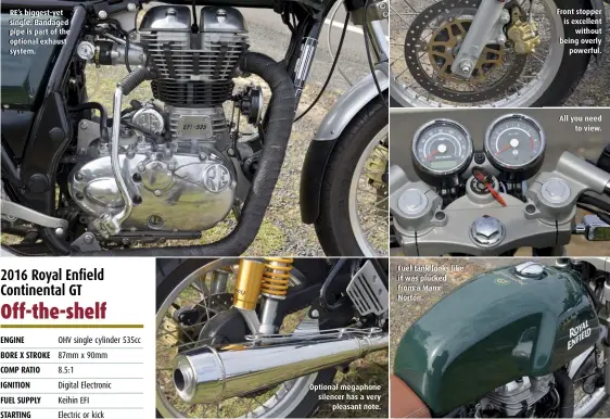  ??  ?? RE’s biggest-yet single. Bandaged pipe is part of the optional exhaust system. Optional megaphone silencer has a very pleasant note. Fuel tank looks like it was plucked from a Manx Norton. Front stopper is excellent without being overly powerful. All...