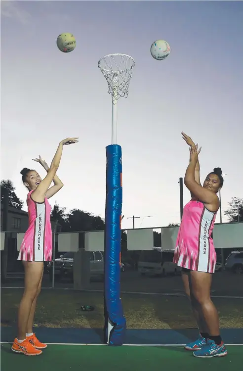  ?? Picture: JUSTIN BRIERTY ?? YOUNG GUNS: Leprechaun­s shooters Chantelle Tikitau and Grace Ratima are ready to step up against the Sharks.