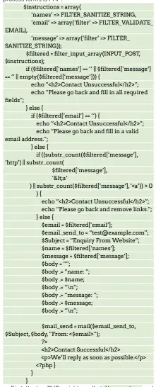  ??  ?? First, the two PHP variables called $instructio­ns and $filtered sanitise the data from the user and ensure that the email takes on a required email format. The reason we sanitise the data is that some people could