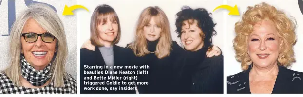 ??  ?? Starring in a new movie with beauties Diane Keaton (left) and Bette Midler (right) triggered Goldie to get more work done, say insiders