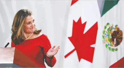  ?? CARLOS JASSO/REUTERS ?? Deputy Prime Minister Chrystia Freeland speaks during a meeting in Mexico City on Tuesday when a new agreement was announced on the revised North American free trade deal, known as USMCA. The new treaty gives Canada a reason to be hopeful, says Martin Pelletier.