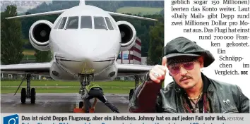  ?? KEYSTONE ?? Das ist nicht Depps Flugzeug, aber ein ähnliches. Johnny hat es auf jeden Fall sehr lieb. Sehen Sie mehr Bilder von Johnny Depp und seinem luxuriösen Leben auf 20minuten.ch