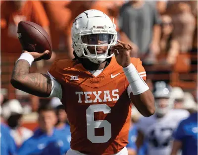  ?? (AP Photo/eric Gay) ?? Texas quarterbac­k Maalik Murphy (6) looks to throw against BYU during the first half of an NCAA college football game in Austin, Texas, Saturday, Oct. 28, 2023.