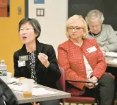  ?? JEFFREY F. BILL/STAFF ?? Chuen-Chin Bianca Chang, left, Maryland State Board of Education member, poses a question to students in February. Seated next to her is then-interim State Superinten­dent of Schools Carey Wright.