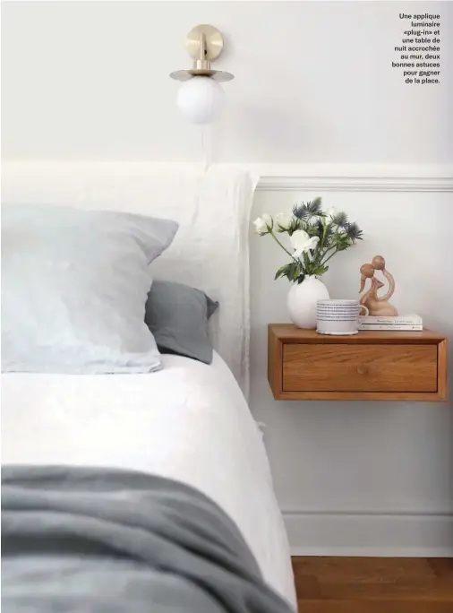  ?? ?? Une applique
luminaire «plug-in» et une table de nuit accrochée
au mur, deux bonnes astuces pour gagner de la place.