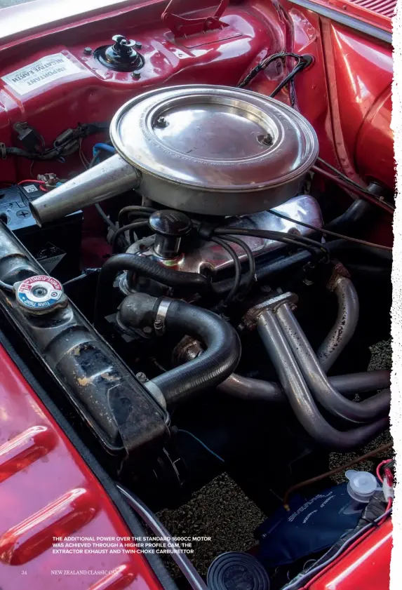  ??  ?? THE ADDITIONAL POWER OVER THE STANDARD 1600CC MOTOR WAS ACHIEVED THROUGH A HIGHER PROFILE CAM, THE EXTRACTOR EXHAUST AND TWIN-CHOKE CARBURETTO­R