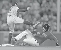  ?? CHARLES KRUPA/ASSOCIATED PRESS ?? Astros second baseman Jose Altuve, left, forces out the Red Sox's J.D. Martinez during a double play Saturday in the American League Championsh­ip Series in Boston.