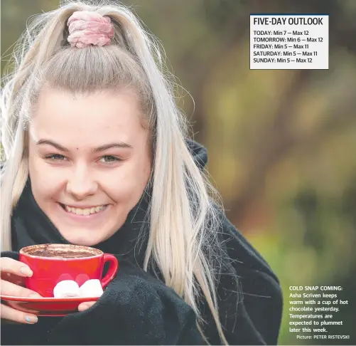  ?? Picture: PETER RISTEVSKI ?? COLD SNAP COMING: Asha Scriven keeps warm with a cup of hot chocolate yesterday. Temperatur­es are expected to plummet later this week.